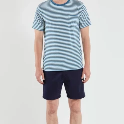 Port Northampton Armor Lux Heritage Men's/Unisex Cotton Linen Tee - Nature/lagoon Blue